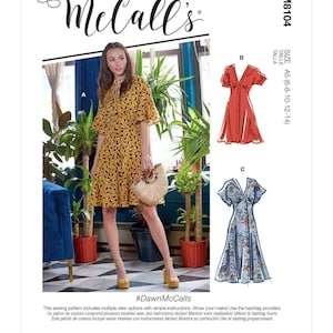 May include: A sewing pattern for a dress with three different view options. The pattern includes a yellow dress with a floral print, a red dress, and a blue dress with a floral print. The pattern is for sizes 6-8-10-12-14. The pattern is from McCall's and is called #DawnMcCalls.