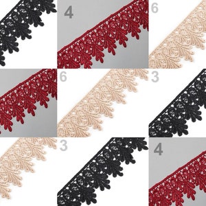Op de afbeelding: Een close-up van zes voorbeelden van kantbies in verschillende kleuren: zwart, rood, beige. De kantbies heeft een delicaat bloemenpatroon.