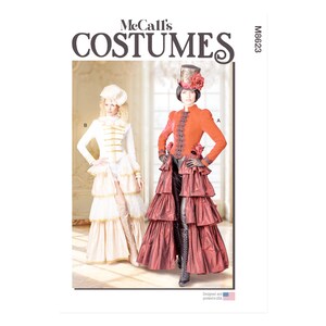 Könnte beinhalten: McCall's Kostüm-Schnittmuster mit zwei aufwendigen Kostümdesigns. Eines ist eine weiße Jacke im Militärstil und ein Stufenrock. Das andere ist eine orangefarbene Jacke mit einem Stufenrock und einem Zylinder. Das Muster ist in den USA entworfen und gedruckt.