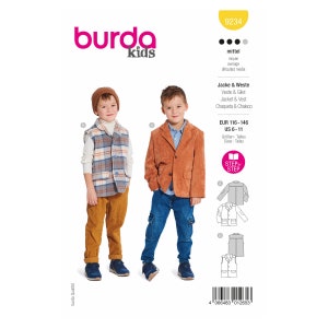 Może przedstawiać: Wzór szycia na kurtkę i kamizelkę dla dzieci. Wzór pochodzi od Burda Kids i obejmuje rozmiary 6-11. Wzór jest na brązową kurtkę z weluru i kamizelkę w kratę.