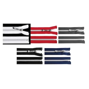 May include: Assortment of zipper tapes in white, red, black, and navy blue. Each tape has a silver zipper pull.