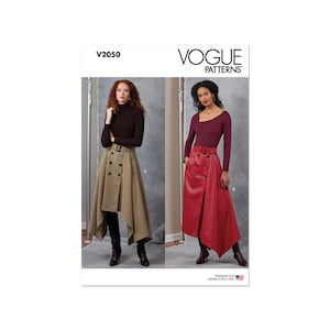 Könnte beinhalten: Vogue Patterns Schnittmuster V2050 für einen High-Low-Rock mit doppelreihigem Knopfverschluss und Gürtel. Das Schnittmuster umfasst zwei Varianten: einen braunen Rock und einen roten Rock.