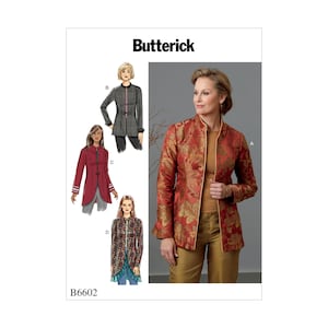以下が含まれることがあります： 4つの異なるスタイルのジャケットの縫製パターン。パターン名はButterick B6602です。