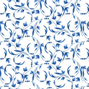 May include: A seamless pattern featuring blue watercolor floral designs on a white background. The pattern includes delicate leaves, small flowers, and clusters of blue dots.