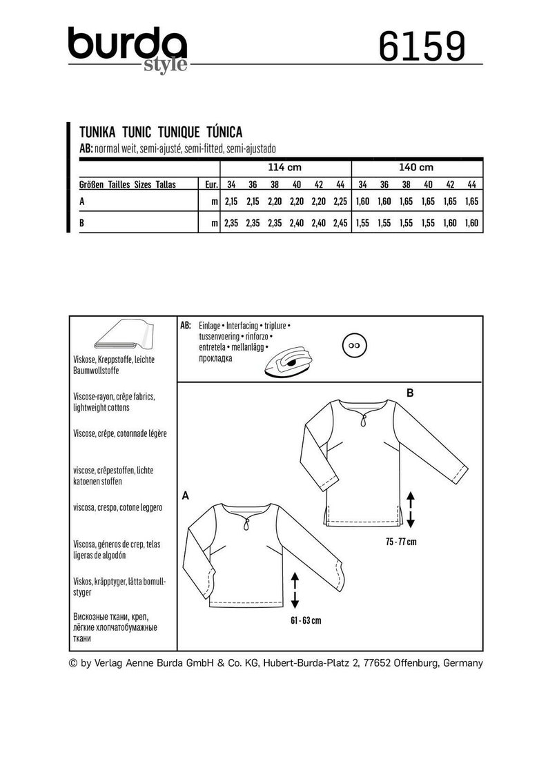 Burda Style Sewing Pattern Tunic with Eye-catching Tunic No.6159