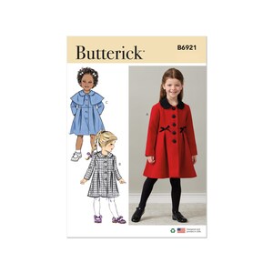 May include: A sewing pattern for a girls' coat with three different styles. The first style is a blue coat with a cape, the second is a black and white checked coat, and the third is a red coat with a black collar and bow. The pattern is from Butterick and the pattern number is B6921.