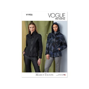 May include: Vogue Patterns V1925 sewing pattern featuring two women's jackets. The jacket on the left is black with a zipper closure and a collar. The jacket on the right is blue with a hood and a floral print. The text "Marcy Tilton" is printed below the image.