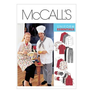 May include: McCall's Uniform Essentials sewing pattern featuring a chef's jacket, trousers, shirts, apron, and hat. The pattern includes a variety of styles and designs for both men and women.