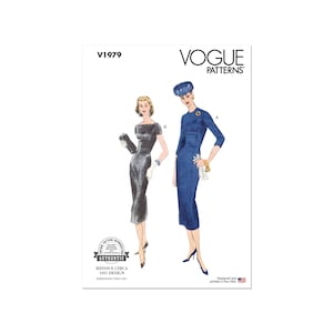 May include: A vintage Vogue sewing pattern for a dress, featuring two models wearing different versions of the dress. The pattern number is V1979. The dress on the left is black and the dress on the right is blue. The pattern is a reissue of a 1957 design.