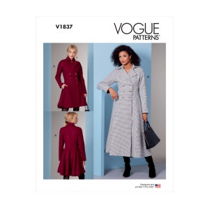 May include: Vogue Patterns sewing pattern for a double-breasted coat with a flared skirt. The pattern includes two variations: a red coat (A) and a black and white checked coat (B). The pattern is designed and printed in the USA.