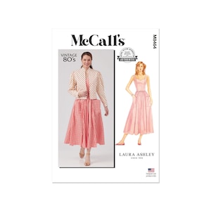 May include: McCall's vintage 80s sewing pattern for a dress and jacket. The pattern is for Laura Ashley and features a gingham dress with a polka dot jacket. The pattern is labelled "Authentic Vintage Pattern" and "Designed and printed in USA".