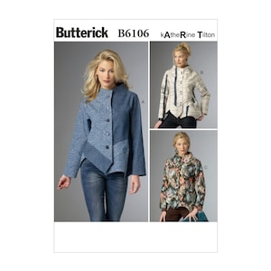 Könnte beinhalten: Ein Schnittmuster für eine Damenjacke mit drei verschiedenen Stilen. Das Schnittmuster ist von Butterick und trägt die Nummer B6106. Die Jacke wird in drei verschiedenen Stoffen gezeigt: einem blau-weiß gemusterten Stoff, einem gestreiften Stoff und einem Blumenstoff.