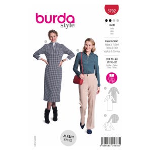 Może przedstawiać: Wzór Burda Style przedstawiający dwie kobiety w ubraniach. Jedna kobieta ma na sobie czarno-białą sukienkę w kratę, druga turkusową koszulę i beżowe spodnie. Wzór zawiera "Jersey Knits" i informacje o rozmiarach.