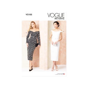Può includere: Modelli di abiti Vogue V2105. Un abito è nero con pois bianchi, spalle scoperte, maniche lunghe e cintura. L'altro è un abito bianco, con spalle scoperte, maniche corte e cintura. Il logo Vogue Patterns è visibile.