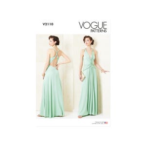 May include: A Vogue Patterns sewing pattern featuring a mint green, floor-length gown with a halter neckline and open back. The pattern includes two views of the dress. The text "V2110" and "VOGUE PATTERNS" are visible.