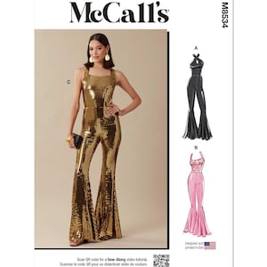 May include: A sewing pattern for a jumpsuit with three different style variations. The pattern includes a black jumpsuit with a halter neckline, a pink jumpsuit with a scoop neckline, and a gold jumpsuit with a square neckline. The pattern is designed and printed in the USA.