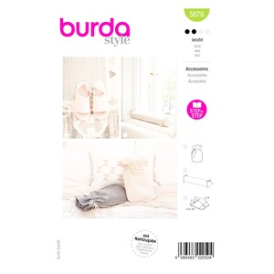 May include: A Burda Style pattern sheet with the number 5676. The sheet features images of accessories, including slippers, pillows, and drawstring bags. The Burda Style logo is in pink.