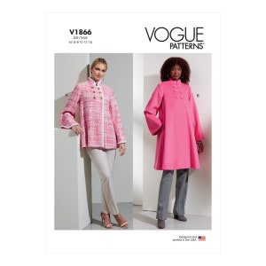 May include: Vogue Patterns sewing pattern for a pink coat with a high collar and button closure. The pattern number is V1866 and includes sizes 6-8-10-12-14.