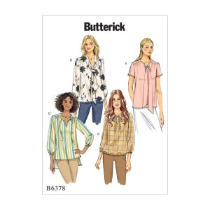Könnte beinhalten: Ein Schnittmuster für vier verschiedene Blusen mit Schleifenkragen. Das Schnittmuster ist von Butterick und die Schnittmuster-Nummer ist B6378.