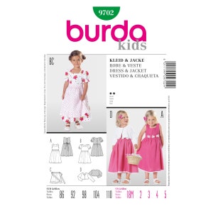 May include: Burda Kids sewing pattern number 9702 for a dress and jacket. The pattern includes sizes 18 months to 5 years. The pattern shows a pink dress with a white lace trim and a white jacket with a pink trim.