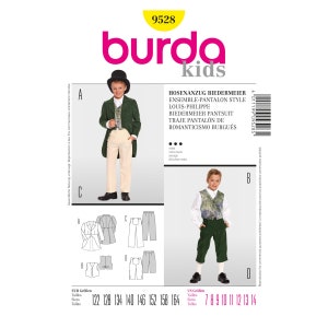 May include: Burda Kids sewing pattern number 9528 for a Biedermeier pantsuit. The pattern includes instructions for a jacket, waistcoat, and trousers. The pattern is available in sizes 122-164 (UK sizes 7-14).