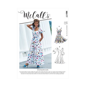 May include: A sewing pattern for a dress with a white background and colourful geometric print. The pattern includes multiple views and instructions. The pattern number is M8177 and the hashtag is #AshleyMcCalls.
