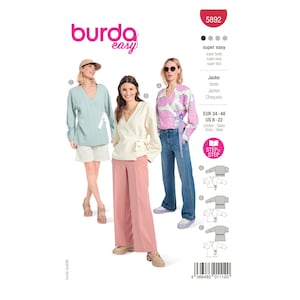 Peut inclure: Un patron de couture pour un haut à enrouler avec un décolleté en V et des manches longues. Le patron s'appelle "burda easy" et est étiqueté "super facile". Le patron comprend des instructions pour les tailles EUR 34-48 et US 8-22.