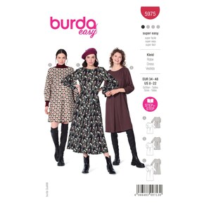 以下が含まれることがあります： 3つのバリエーションを持つドレスの縫製パターン。パターン名は「burda easy」で、パターン番号は5975。パターンは、EURサイズ34〜48またはUSサイズ8〜22です。