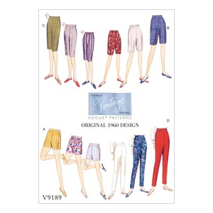 May include: A vintage sewing pattern for shorts and pants. The pattern includes six different styles, including a pair of white pants, a pair of red pants, and a pair of blue and white patterned pants. The pattern is labeled "Vogue Vintage Model V9189 Original 1960 Design."
