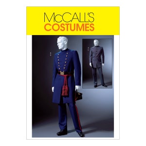 Pode incluir: Um padrão de McCall's Costumes para um uniforme da era da Guerra Civil. O padrão inclui um longo casaco azul com botões dourados, uma faixa vermelha e calças combinando. O padrão também inclui um padrão separado para um casaco preto.