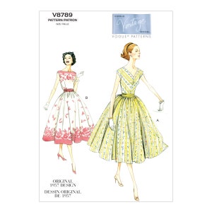 May include: Vintage Vogue sewing pattern for a dress, featuring two illustrations of women wearing the dress in different colors and patterns. The pattern number is V8789 and the text "Original 1957 Design" is included.