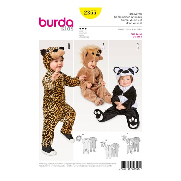 Burda Style Sewing Pattern - Carnival - 3x Animal Overalls - No. 2355
