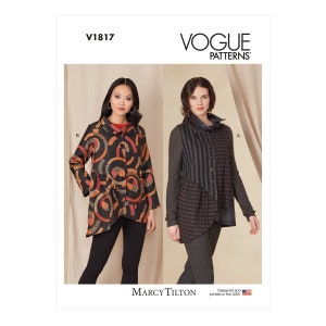 Könnte beinhalten: Vogue Patterns Schnittmuster V1817 für eine lange, asymmetrische Tunika mit Kragen und Knopfleiste. Das Schnittmuster umfasst zwei Varianten: eine mit geometrischem Muster und die andere mit gestreiftem und gemustertem Design. Entworfen und gedruckt in den USA.