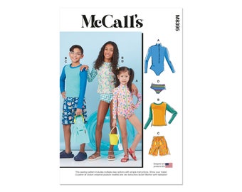 McCalls sewing pattern M8395 - children's swimwear, swimsuit, swimming shorts, shirts