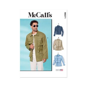 Può includere: Un cartamodello per una giacca con tre varianti diverse. Il cartamodello è di McCall's e il numero del cartamodello è M6871. La giacca è mostrata in verde, beige e blu.