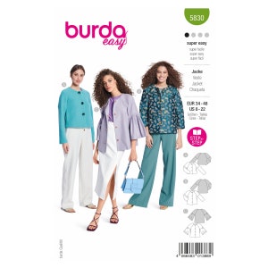 Op de afbeelding: Een naaipatroon voor een jas met een bloemenprint, een lichtblauwe jas en een paarse jas. Het patroon is gemarkeerd met "Burda Easy" en bevat instructies voor maten 34-48 EUR en 8-22 US.