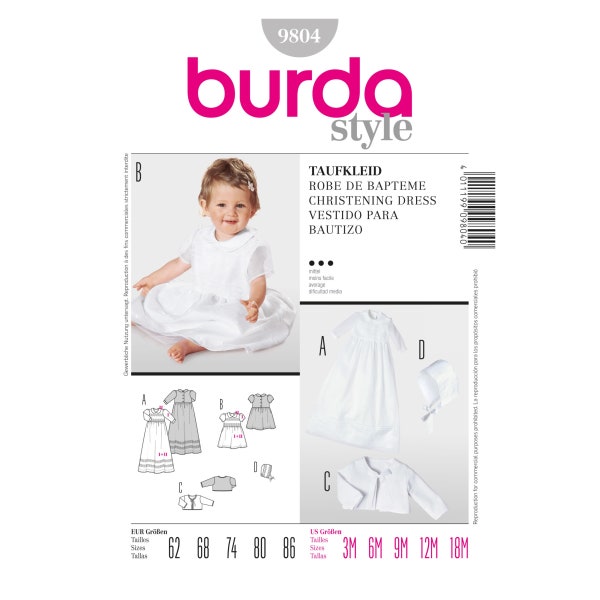 Burda Schnittmuster - Kombination - Taufkleid, Jäckchen & Haube - Nr. 9804