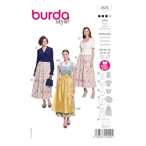 May include: Burda Style sewing pattern 5625 for a combination of garments including a long floral skirt, a button-down blouse, and a dirndl-style bodice with an apron. The pattern includes instructions for sizes EUR 36-46 and US 10-20.