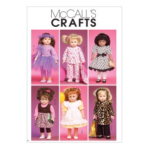 May include: A collection of six doll outfits for crafting. The outfits include a purple fairy costume, pink pyjamas, a black and white polka dot dress, a brown and black school girl outfit, a white dress with a yellow apron, and a brown and black leopard print coat.