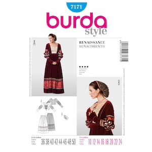 May include: A sewing pattern for a Renaissance-style dress with long sleeves and a fitted bodice. The pattern includes instructions for a matching headdress. The pattern is available in sizes 36 to 50 and 10 to 24.