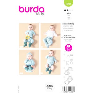以下が含まれることがあります： 長袖ロンパース、パンツ、帽子が付いたベビー服の縫製パターンです。パターンは新生児から12ヶ月までで、ジャージーニット生地で作られています。パターンはBurda Kids製で、「9204」とラベル付けされています。
