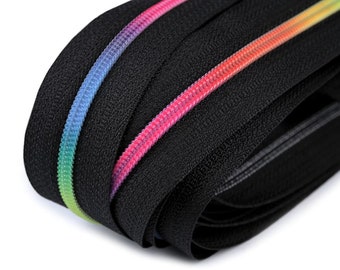 1.25EUR/m - 5m endlos Reißverschluss, 3mm, Regenbogenspirale,  inkl. 10 Zipper,  schwarz