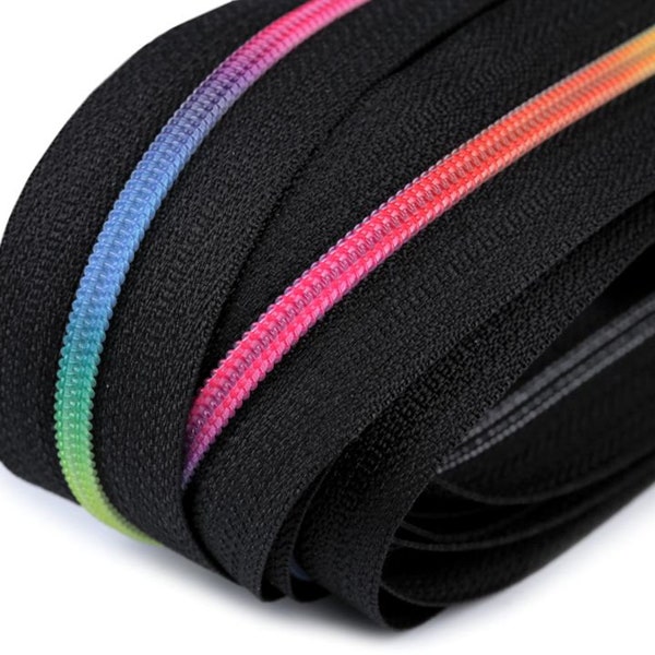 1.25EUR/m - 5m endlos Reißverschluss, 3mm, Regenbogenspirale,  inkl. 10 Zipper,  schwarz