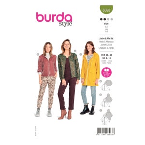Pode incluir: Um padrão de costura para uma jaqueta ou casaco com três estilos diferentes. O padrão é para os tamanhos 34-44 EUR ou 8-18 US. O padrão é chamado de "burda style" e o número é 6088. O padrão é descrito como "fácil" de costurar.