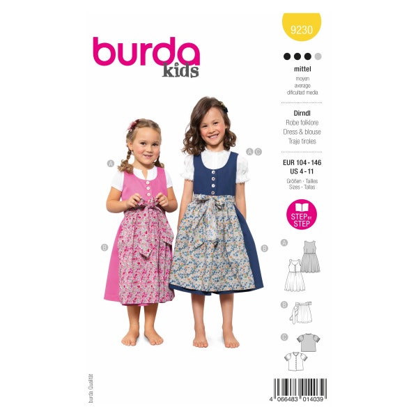 Burda Kids Schnittmuster Nr. 9230 - Dirndl Kombination - Kleid - Bluse - Schürze