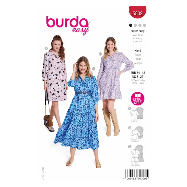 Burda Easy Schnittmuster Nr. 5802 - Kleid - Hemdblusenkleid - 3 Varianten