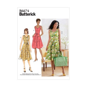 Può includere: Un cartamodello per un abito senza maniche con chiusura a bottoni sul davanti e una cintura da annodare. Il cartamodello comprende tre stili diversi: un abito rosa con tasche, un abito floreale giallo e bianco e un abito floreale verde e bianco. Il cartamodello è per le taglie di coppa AB, C e D.