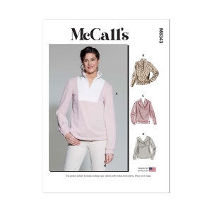 Könnte beinhalten: Ein Schnittmuster für einen Pullover mit vier verschiedenen Ansichten. Das Muster beinhaltet einen Stehkragen, einen Rollkragen, einen Leopardenprint und eine unifarbene Farbe. Das Muster wurde in den USA entworfen und gedruckt. McCall's M8343.