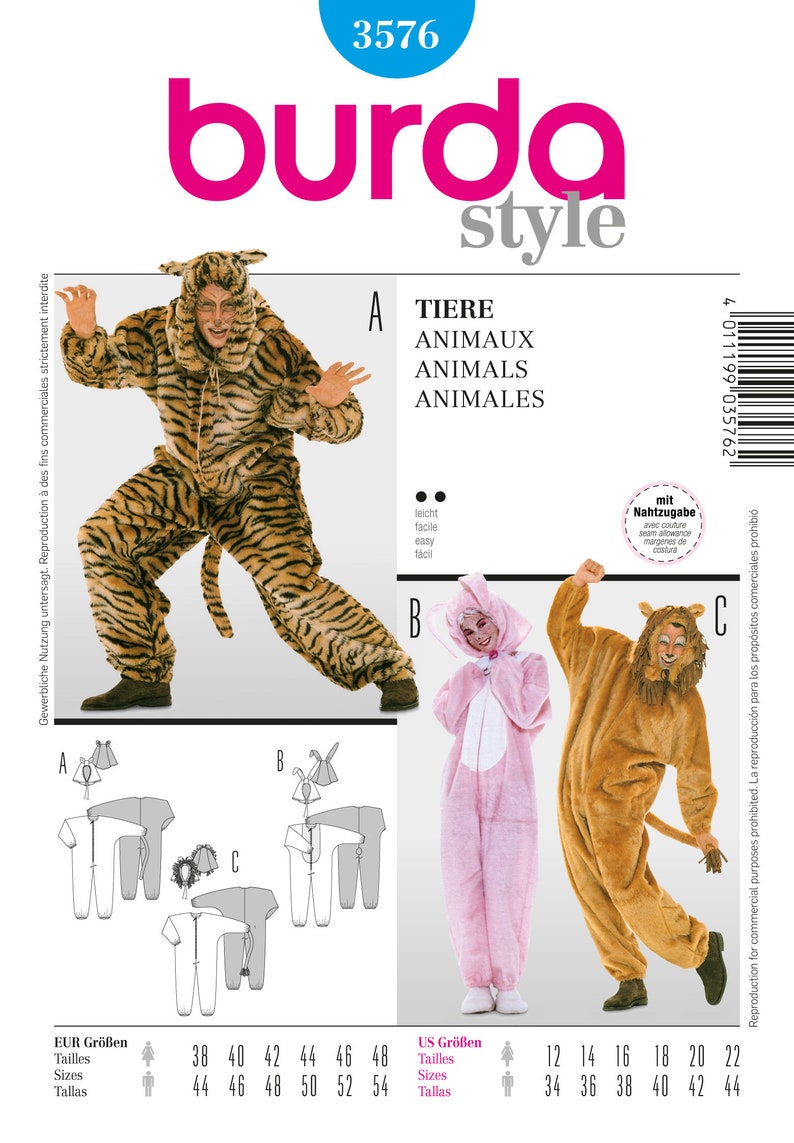 Burda Style Schnittmuster Kostüm Tiere Tiger Löwe Hase Nr.3576 Bild 1