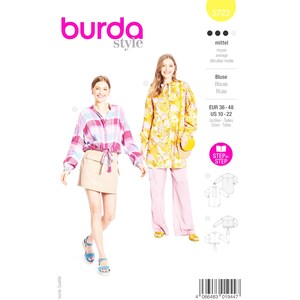 May include: A sewing pattern for a blouse with a step-by-step guide. The pattern is for sizes EUR 36-48 and US 10-22. The image shows two models wearing different versions of the blouse.